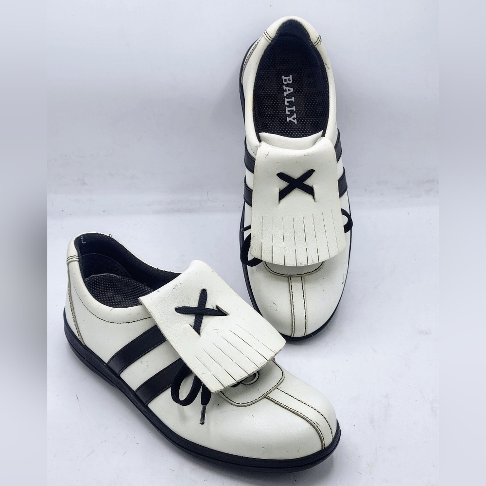 Bally Women's Leather Kiltie Golf Shoes White Black Fringe Portugal Size 6 36